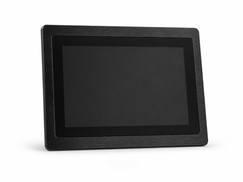 10.1 inch industrial touch monitor with black brushed metal front bezel on white background