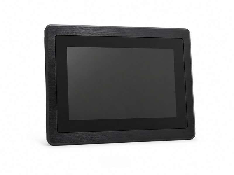10.4 inch industrial touch monitor with black brushed metal front bezel on white background