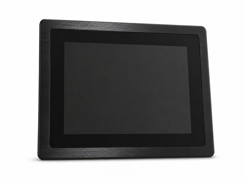 12.1 inch industrial touch monitor with black brushed metal front bezel on white background