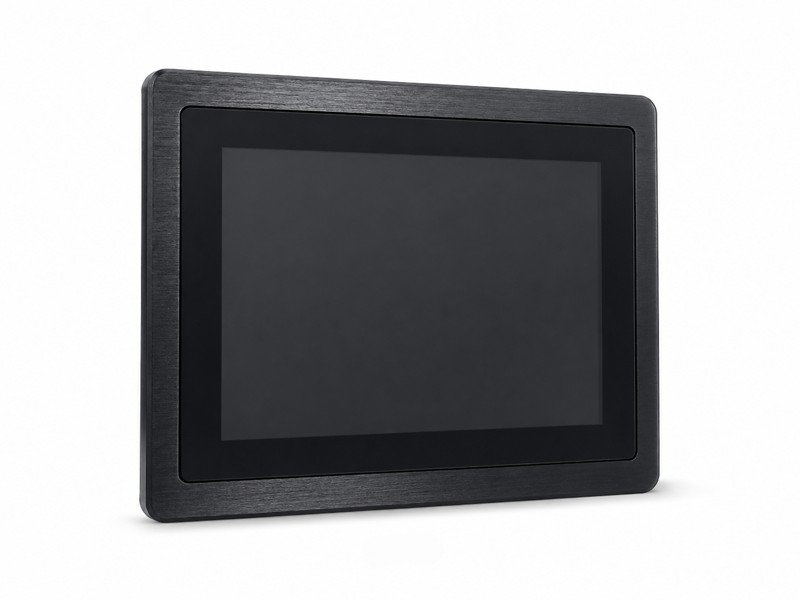 15，17 inch industrial touch monitor with black brushed metal front bezel on white background