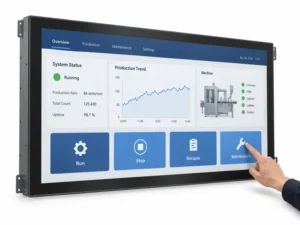 Industrial touch monitor with a machine control interface and a hand selecting an on-screen button