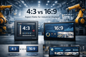 4:3 vs 16:9 aspect ratio comparison for industrial displays showing legacy HMI and modern dashboard interface