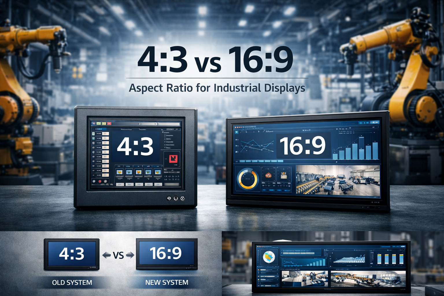 4:3 vs 16:9 aspect ratio comparison for industrial displays showing legacy HMI and modern dashboard interface