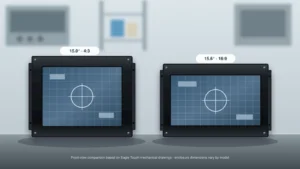 15 inch 4:3 and 15.6 inch 16:9 industrial monitors compared on a test bench