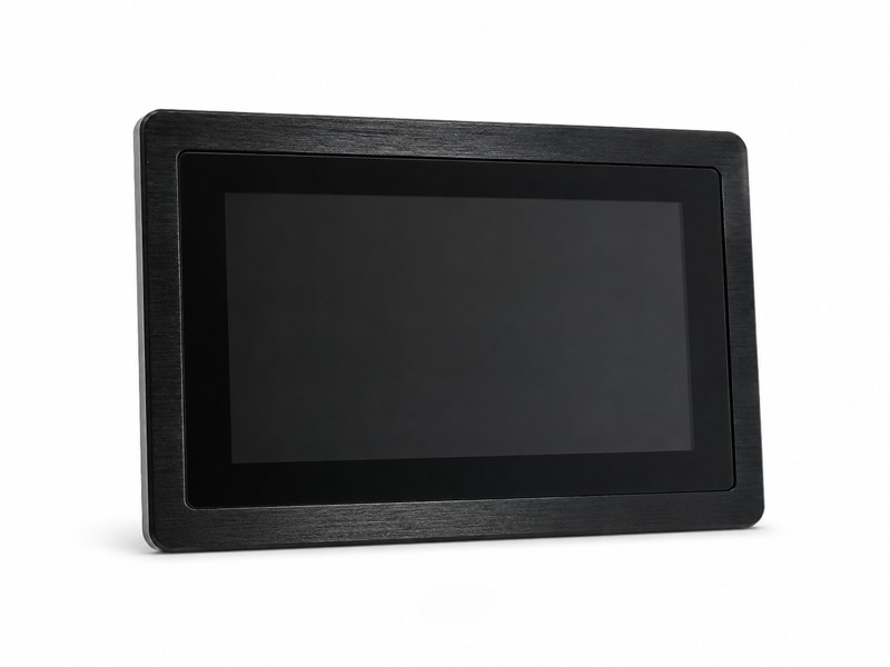 7 inch industrial touch monitor with black brushed metal front bezel on white background