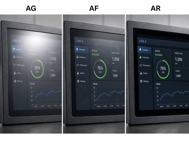 AG AF AR glass surface effect comparison on industrial touch display