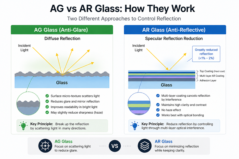 diagram showing difference between anti glare glass diffusing light and anti reflective glass reducing reflection with multi layer coating