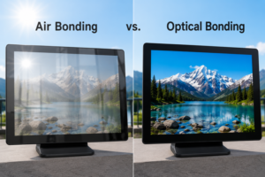 Air bonding vs optical bonding showing reflection difference on industrial touch displays