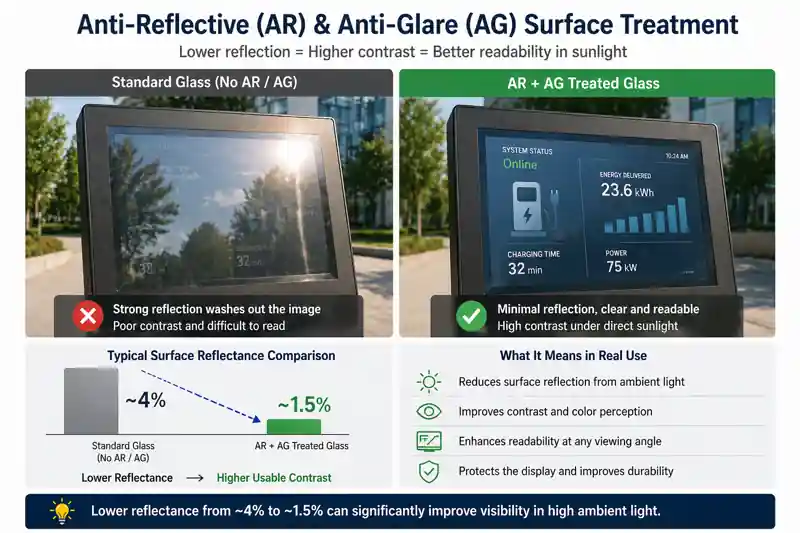 AR and AG treated glass vs standard glass on sunlight readable monitor