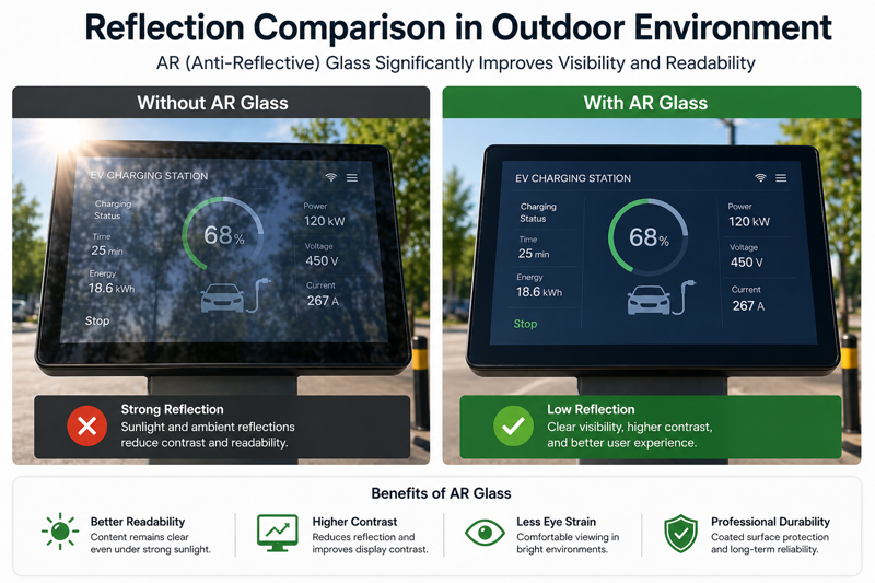 comparison of display screen without anti reflective glass showing strong glare versus with AR glass showing clear visibility and reduced reflection