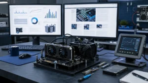 Computer hardware test bench used to research hardware reviews and benchmarks