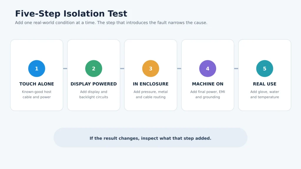 Five-step industrial capacitive touchscreen troubleshooting process from standalone testing to final operating conditions