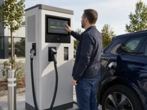 Driver using an industrial touch monitor integrated into an outdoor DC fast charger