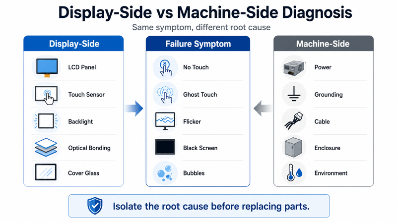 Display-side vs machine-side diagnosis for LCD touchscreen display problems