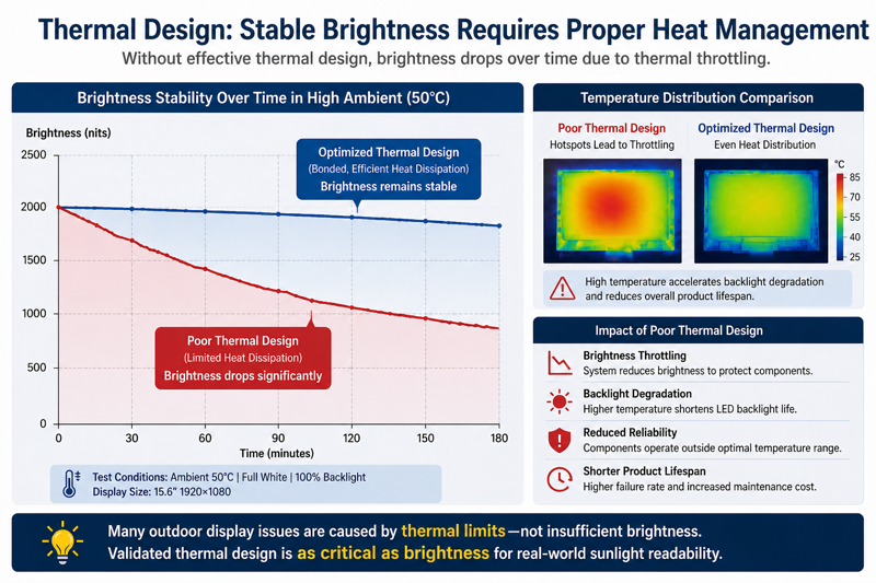 display brightness drop over time due to thermal throttling compared to stable brightness with optimized thermal design
