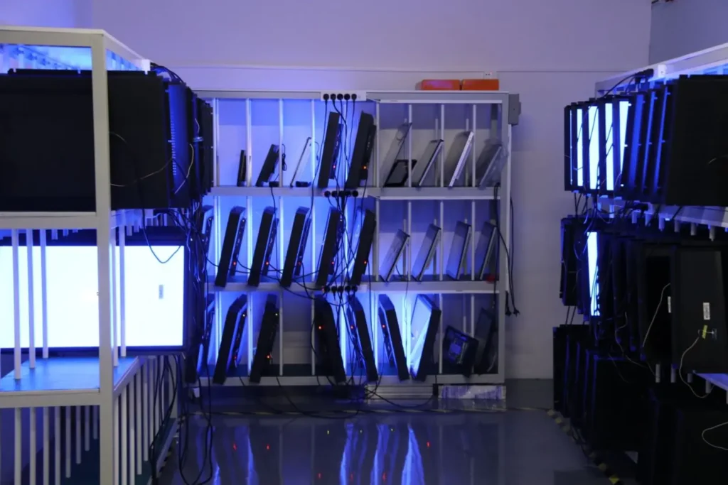 Industrial touch monitors undergoing full-product aging testing at Eagle Touch