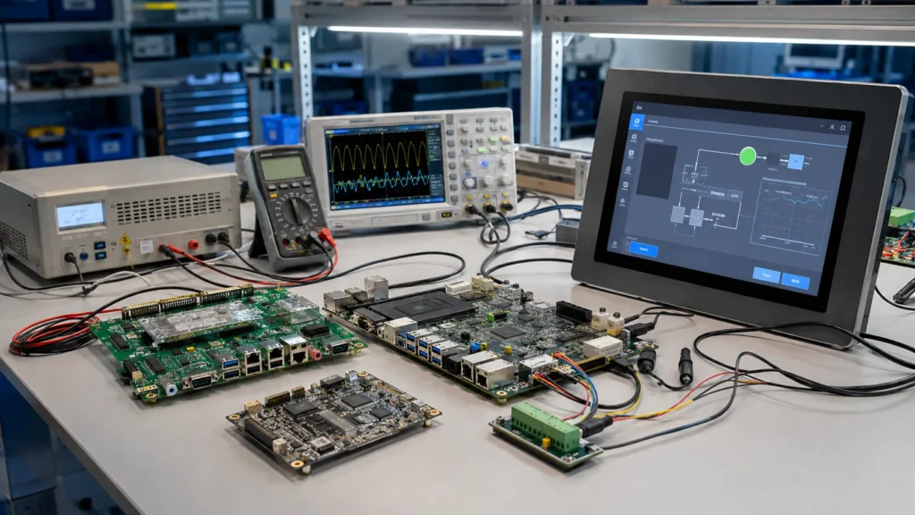 Embedded and industrial hardware evaluation bench with panel PC and test instruments