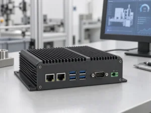 Fanless embedded box PC on a workbench with a separate industrial monitor