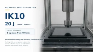 IK10 touchscreen mounted in a rigid fixture beneath a guided rounded impact striker