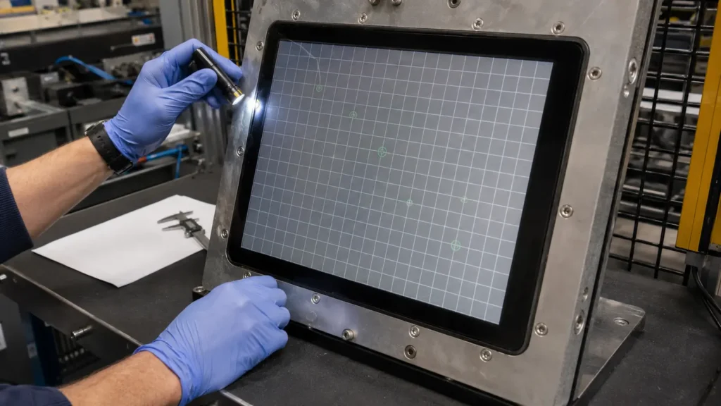 Technician inspecting the glass edge and checking touch function after an impact test