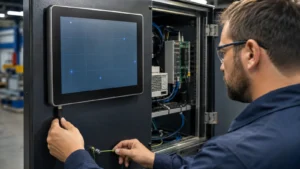 Engineer diagnosing an industrial capacitive touchscreen, cable routing and enclosure grounding
