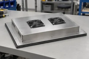 Illustration of an industrial monitor rear enclosure with dual cooling fans and ventilation slots
