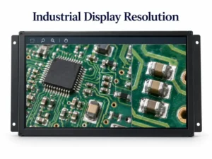 Industrial display showing a circuit board inspection image with enlarged component details