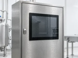 Industrial panel PC mounted in a stainless steel cabinet with water droplets on the front glass