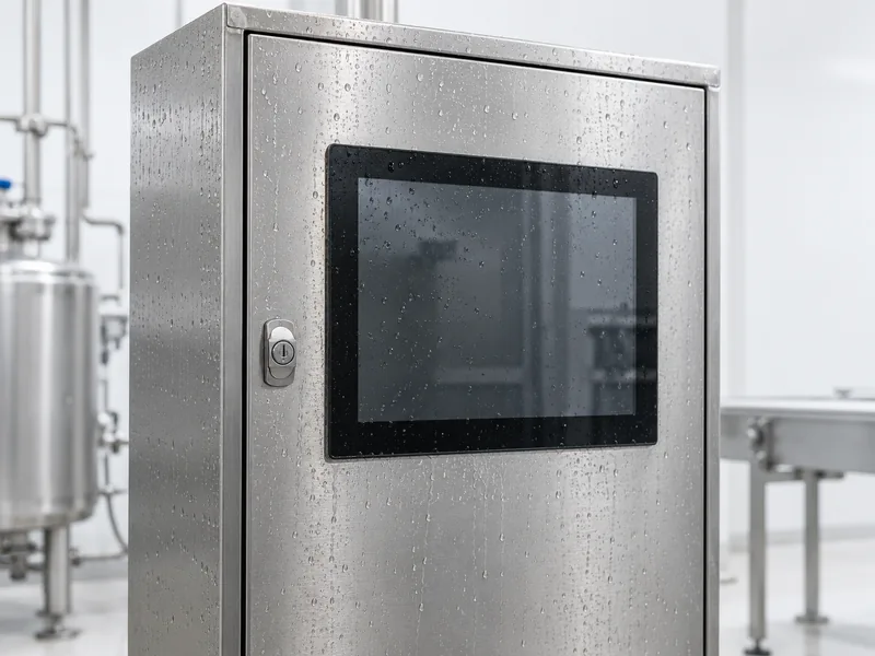 Industrial panel PC mounted in a stainless steel cabinet with water droplets on the front glass