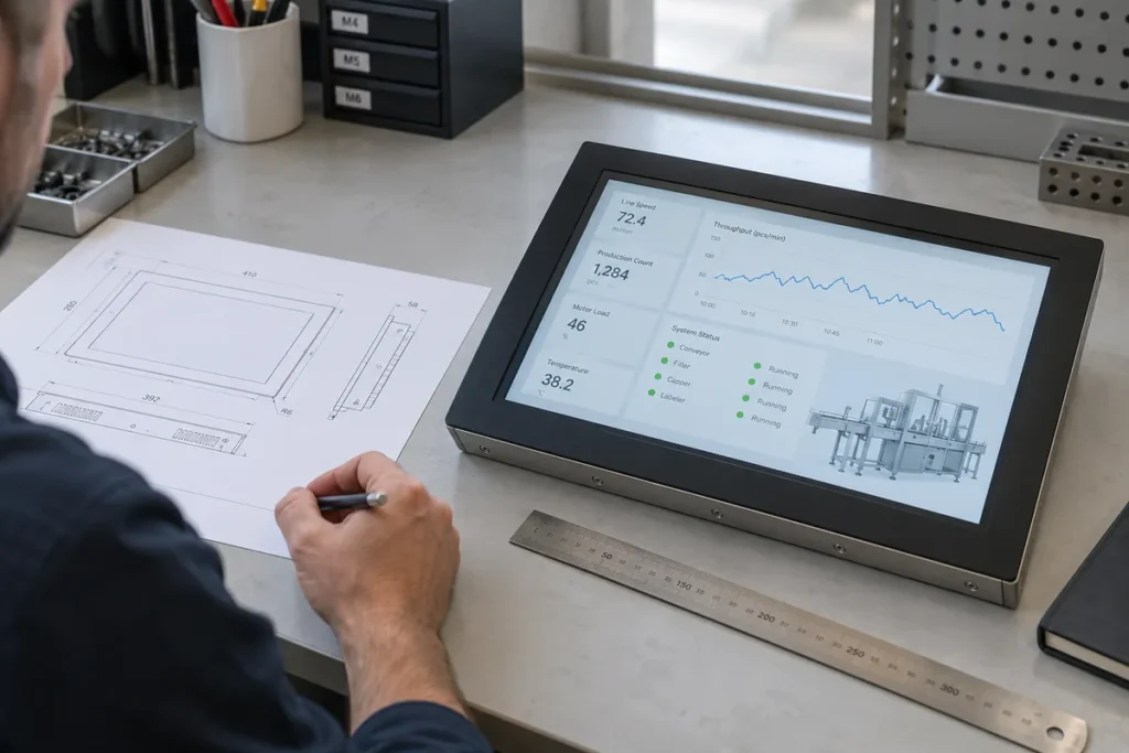 Industrial panel PC on a workbench beside a mechanical drawing during equipment selection