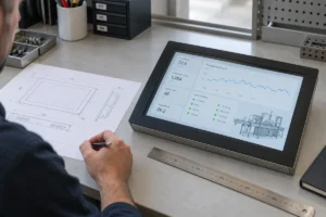 Industrial panel PC on a workbench beside a mechanical drawing during equipment selection
