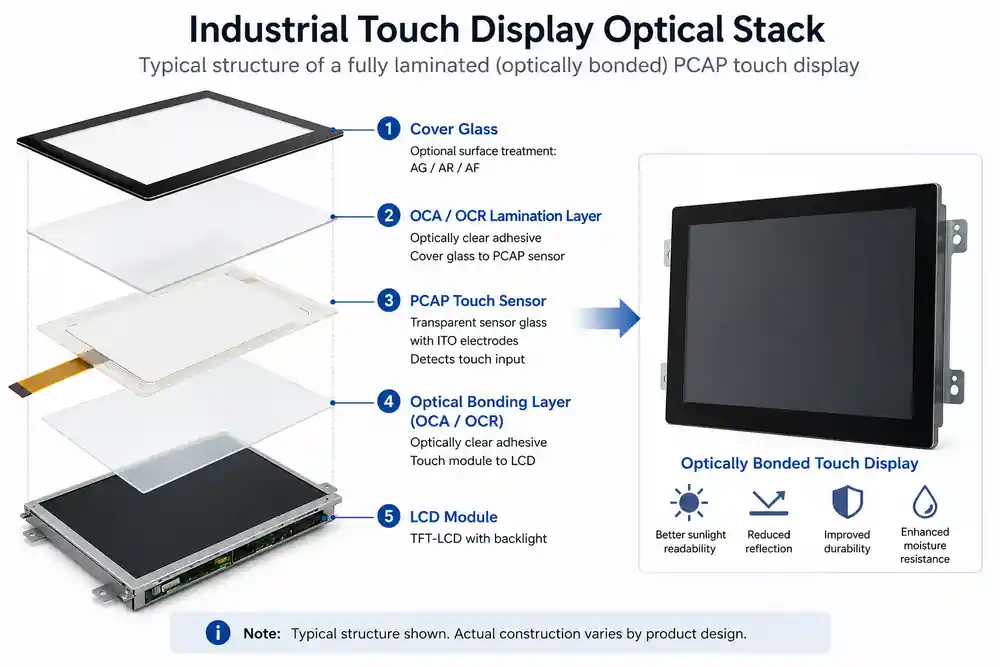 Industrial touch display optical stack with cover glass PCAP sensor optical bonding and LCD