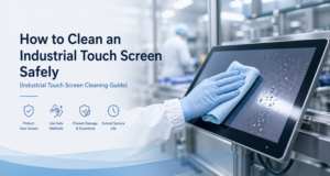 Industrial touch screen cleaning using microfiber cloth in a controlled environment to prevent coating damage and ensure long-term reliability