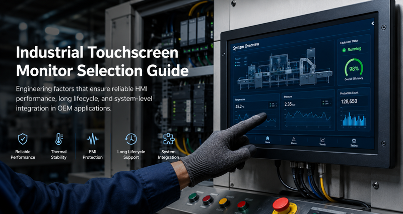 Engineers validating industrial touchscreen monitor integration in an OEM automation environment