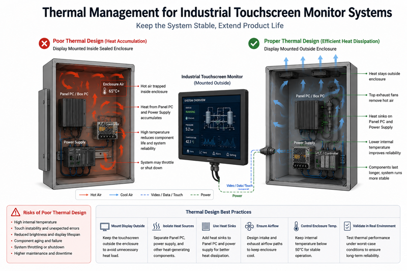 Thermal management diagram showing airflow, heat accumulation, and enclosure design considerations for industrial touchscreen monitor systems