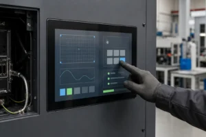 Engineer testing a glove-operated industrial touchscreen monitor in its final metal enclosure