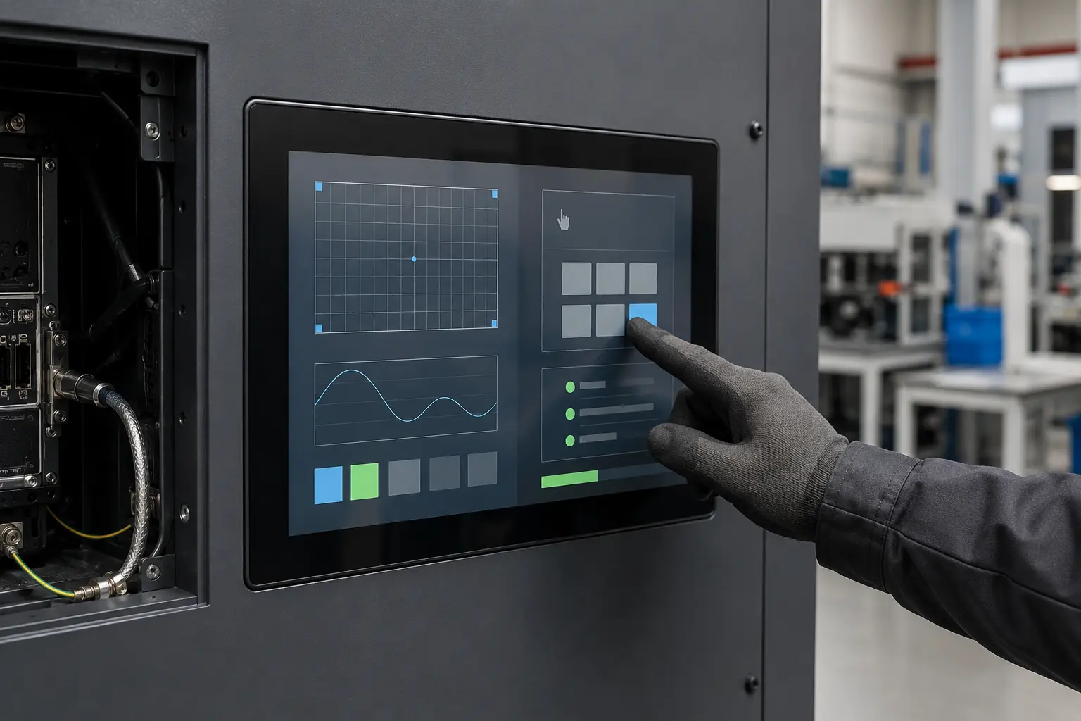 Un ingénieur teste un écran tactile industriel utilisable avec des gants, dans son boîtier métallique définitif