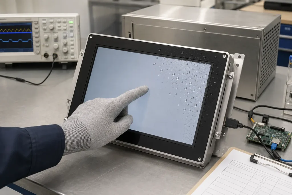 Industrial touchscreen sample validation with glove and water-drop touch testing