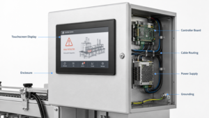 LCD touchscreen display problems in an industrial machine with enclosure, cables, grounding, and power supply