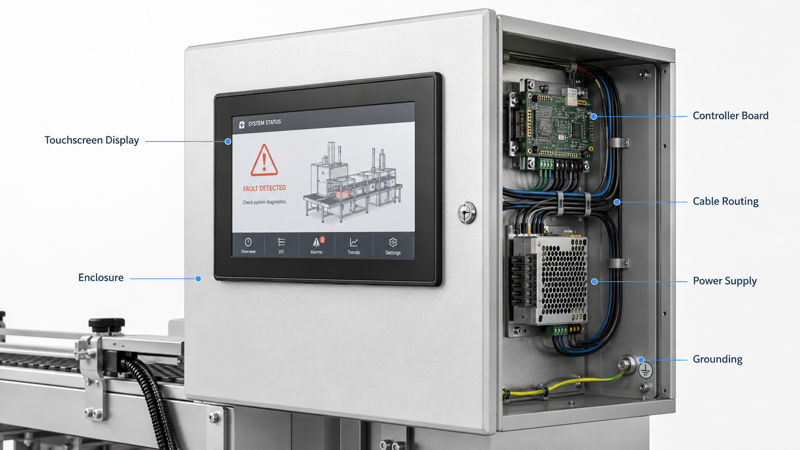 LCD touchscreen display problems in an industrial machine with enclosure, cables, grounding, and power supply