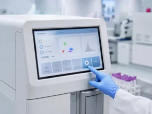 Gloved technician operating a touchscreen display integrated into medical laboratory equipment