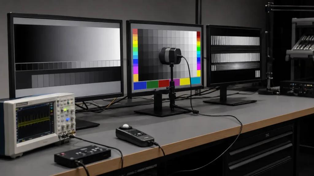 Professional monitor testing lab with color and motion measurement equipment