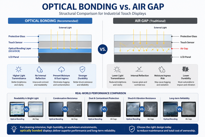 Optical bonding vs air gap structure comparison in industrial touch screens showing improved sealing, reduced moisture ingress and higher reliability for cleaning-intensive environments