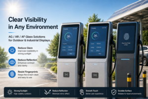 outdoor industrial display with anti glare and anti reflective glass showing reduced reflection and improved visibility under strong sunlight