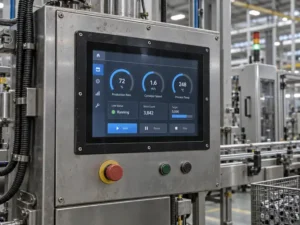 Robuster Industriemonitor, eingebaut in das Bedienfeld einer Fabrikmaschine