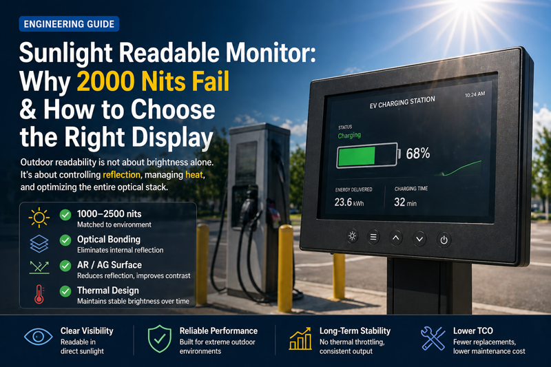 outdoor sunlight readable monitor with optical bonding and anti glare display clearly visible under direct sunlight