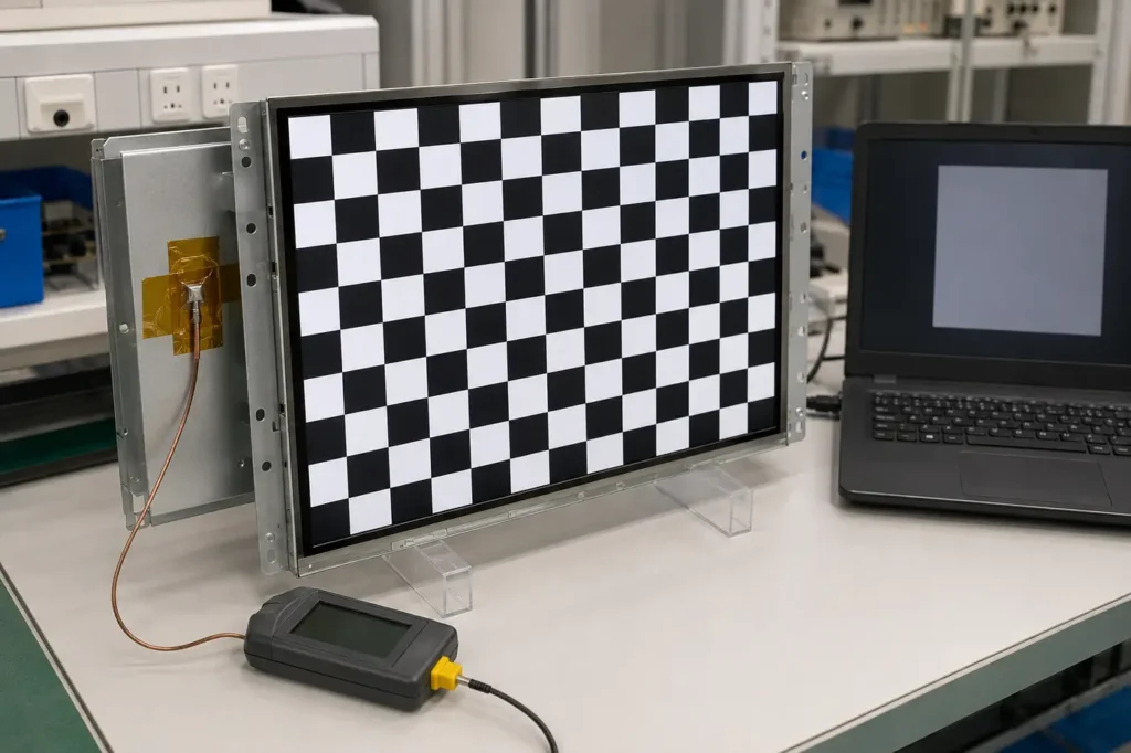 Industrial TFT LCD undergoing a checkerboard image retention test on a factory bench