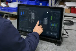 Industrial touch monitor showing a cursor away from the technician's touch point