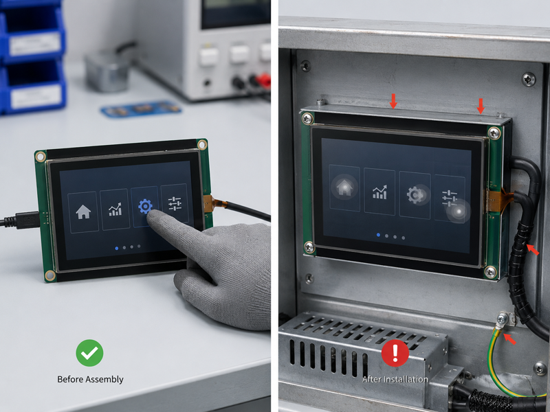 Capacitive touchscreen works before assembly but fails after installation due to housing pressure grounding or cable bend
