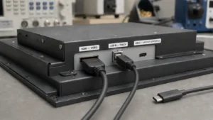 HDMI video, USB-B touch and USB-C ports on an industrial touch monitor